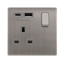 Click SFSS585GY Definity Complete Stainless Steel Ingot 1 Gang 13A 1x USB-A 1x USB-C 4A Switched Socket - Grey Insert image