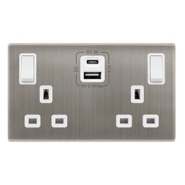 Click SFSS586PW Definity Complete Stainless Steel Screwless 2 Gang 13A 1x USB-A 1x USB-C 4.2A Switched Socket - White Insert image