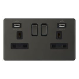 Selectric 5MPLUS-12-61 5M-PLUS Screwless Dark Bronze 2 Gang 13A 1 Pole 2x USB-A 3.1A Switched Socket image