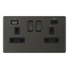 Selectric 5MPLUS-12-63 5M-PLUS Screwless Dark Bronze 2 Gang 13A 1x USB-A 2.4A 1x USB-C 3A Switched Socket image