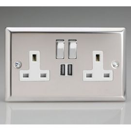 Varilight XC5U2SDW Classic Mirror Chrome 2 Gang 13A 2x USB-A 2.1A Switched Socket - Chrome Switch White Insert image