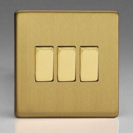 Varilight XDB3S Screwless Brushed Brass 3 Gang 10A 1- or 2-Way Rocker Switch image