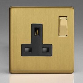 Varilight XDB4BS Screwless Brushed Brass 1 Gang 13A Double Pole Switched Socket - Black Insert