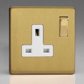 Varilight XDB4WS Screwless Brushed Brass 1 Gang 13A Double Pole Switched Socket - White Insert image