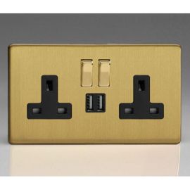 Varilight XDB5U2SBS Screwless Brushed Brass 2 Gang 13A 2x USB-A 2.1A Switched Socket - Black Insert