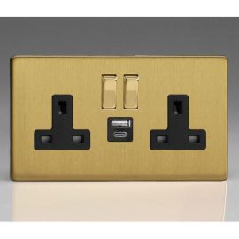 Varilight XDB5UACBS Screwless Brushed Brass 2 Gang 13A 1x USB-A 1x USB-C PD 20W Switched Socket - Black Insert image