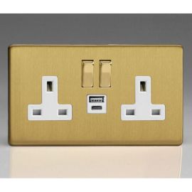 Varilight XDB5UACWS Screwless Brushed Brass 2 Gang 13A 1x USB-A 1x USB-C PD 20W Switched Socket - White Insert image