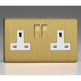 Varilight XDB5WS Screwless Brushed Brass 2 Gang 13A Double Pole Switched Socket - White Insert image