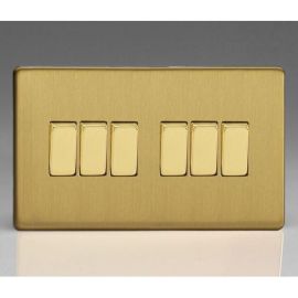 Varilight XDB96S Screwless Brushed Brass 6 Gang 10A 1- or 2-Way Twin Plate Rocker Switch image