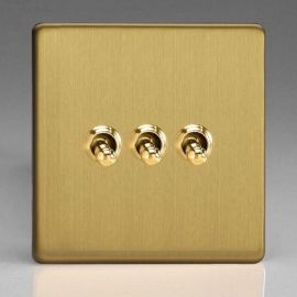 Varilight XDBT3S Screwless Brushed Brass 3 Gang 10A 1- or 2-Way Toggle Switch image