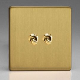 Varilight XDBT71S Screwless Brushed Brass 2 Gang 10A Intermediate and 1- or 2-Way Toggle Switch image