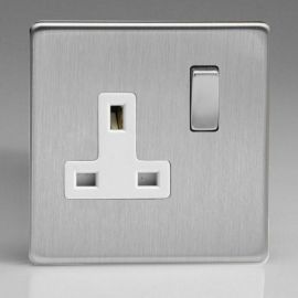 Varilight XDS4WS Screwless Brushed Steel 1 Gang 13A Double Pole Switched Socket - White Insert image