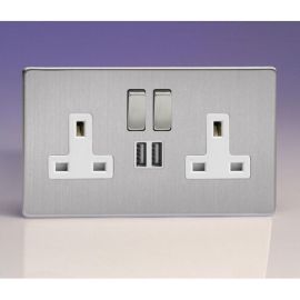 Varilight XDS5U2SWS Screwless Brushed Steel 2 Gang 13A 2x USB-A 2.1A Switched Socket - White Insert