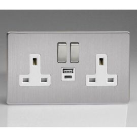 Varilight XDS5UACWS Screwless Brushed Steel 2 Gang 13A 1x USB-A 1x USB-C PD 20W Switched Socket - White Insert