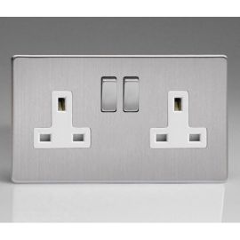 Varilight XDS5WS Screwless Brushed Steel 2 Gang 13A Double Pole Switched Socket - White Insert image