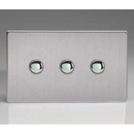 Varilight XDSP3S Screwless Brushed Steel 3 Gang 6A 1- or 2-Way Push On-Off Impulse Switch image