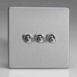 Varilight XDST3S Screwless Brushed Steel 3 Gang 10A 1- or 2-Way Toggle Switch