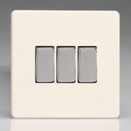 Varilight XDY3S.PD Screwless Primed 3 Gang 10A 1- or 2-Way Rocker Switch - Chrome Insert image