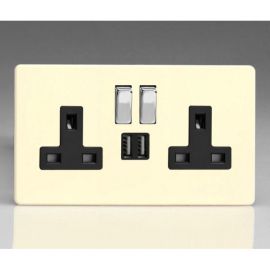 Varilight XDY5U2SBS.PD Screwless Primed 2 Gang 13A 2x USB-A 2.1A Switched Socket - Black Insert Chrome Switch image