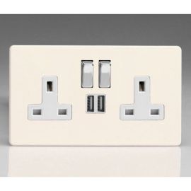 Varilight XDY5U2SWS.PD Screwless Primed 2 Gang 13A 2x USB-A 2.1A Switched Socket - White Insert Chrome Switch image