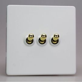 Varilight XDYT3VS.PD Screwless Primed 3 Gang 10A 1- or 2-Way Toggle Switch - Brass Toggle