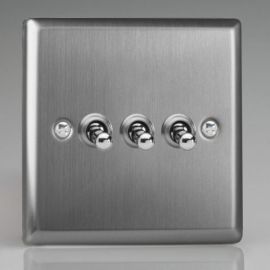 Varilight XTT3 Classic Brushed Steel 3 Gang 10A 1- or 2-Way Toggle Switch image