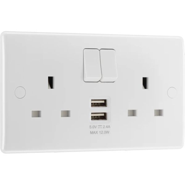 BG Electrical 822UAA12 Moulded White 2 Gang 13A 2x USB A 12W 1 Pole Switched Socket