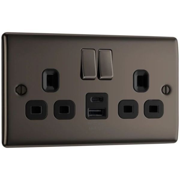 BG NBN22UAC12B Nexus Metal Black Nickel 2 Gang USB A + C Switched Socket - Black insert