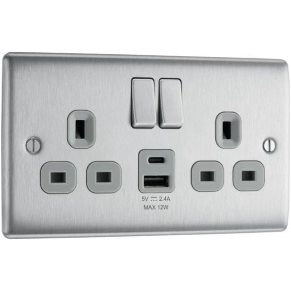 BG NBS22UAC12G Nexus Metal Brushed Steel 2 Gang USB A + C Switched Socket - Grey insert