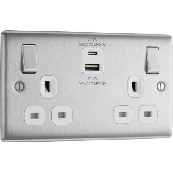 BG NBS22UAC22W Nexus Metal Brushed Steel 2 Gang 13A USB A USB C Switched Socket - White Insert