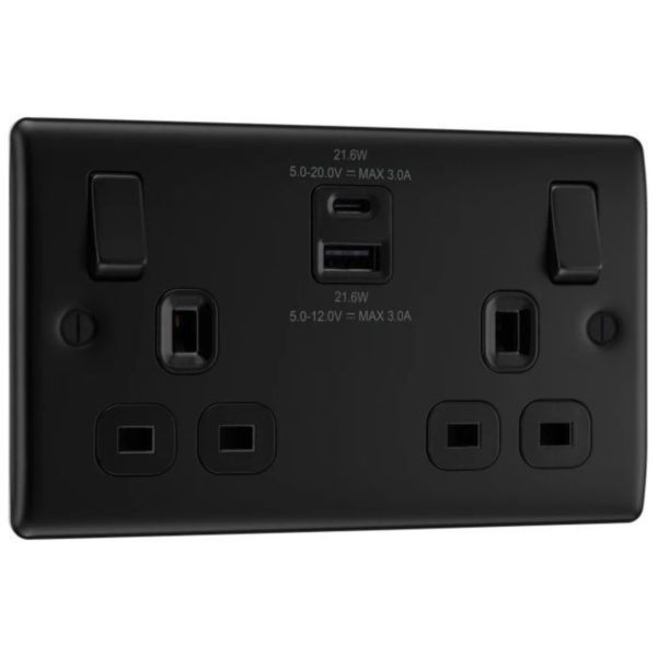 BG NFB22UAC22B Nexus Metal Matt Black 2 Gang USB A + C Switched Socket - Black insert