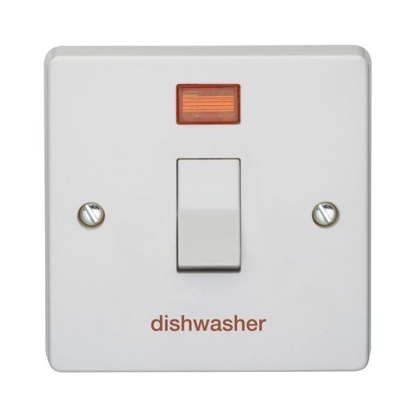 Crabtree 4015/3/DW Capital White 1 Gang 20A 2 Pole Neon 'dishwasher' Plate Switch