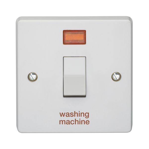 Crabtree 4015/3/WM Capital White 1 Gang 20A 2 Pole Neon 'washing machine' Plate Switch