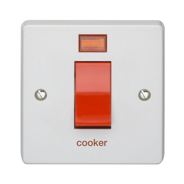 Crabtree 4016/3/CK Capital White 1 Gang 45A 2 Pole Neon Red Rocker 'cooker' Switch