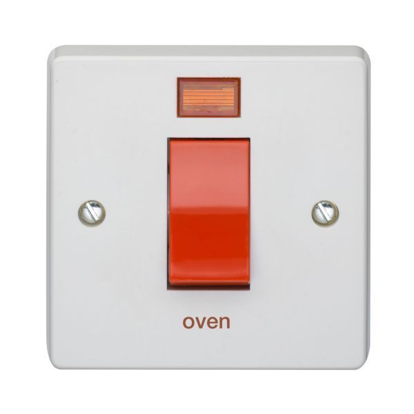 Crabtree 4016/3/OV Capital White 1 Gang 45A 2 Pole Neon Red Rocker 'oven' Switch