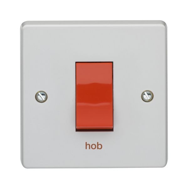 Crabtree 4016/HB Capital White 1 Gang 45A 2 Pole Red Rocker 'hob' Switch