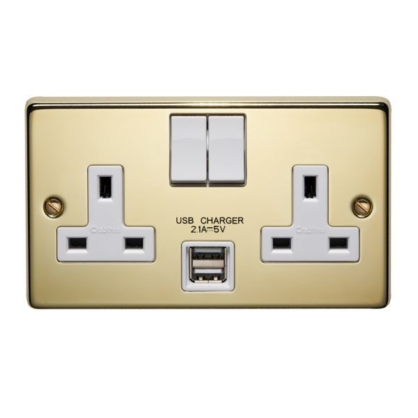 Crabtree 4316USB/PB/D Raised Polished Brass 2 Gang 13A 2 Pole 2x USB-A 2.1A Switched Socket - White Switch/Insert