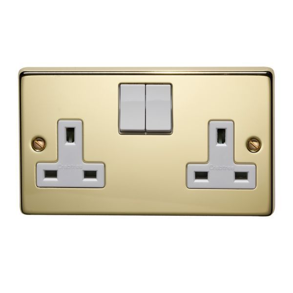 Crabtree 4316/PB Raised Polished Brass 2 Gang 13A 1 Pole Switched Socket - White Switch/Insert