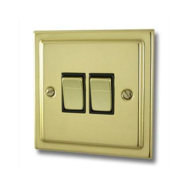 G&H Electrical TB302 Trimline Polished Brass 2 Gang Light Switch - Brass Switch Black Insert