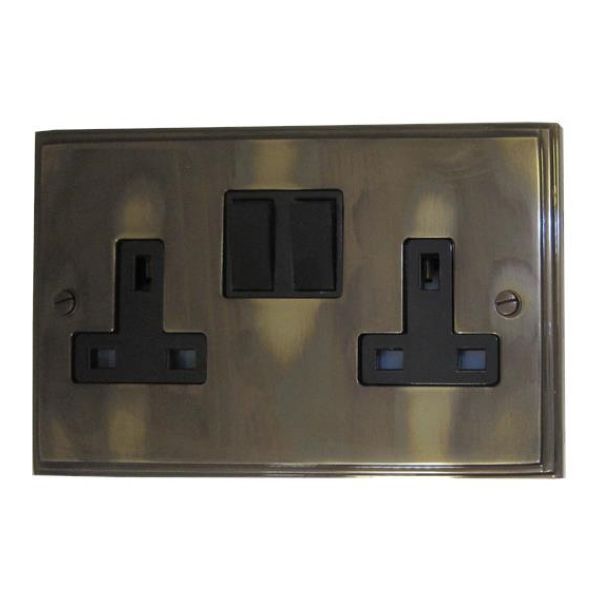 Victorian Aged 2 Gang Switched Socket, Black Switch