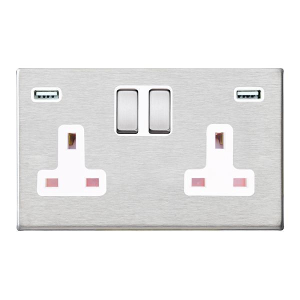 Hamilton 7G24SS2USBULTSS-W Hartland G2 Satin Steel 2 Gang 13A 2 Pole 2x USB-A 2.4A Switched Socket - White Insert