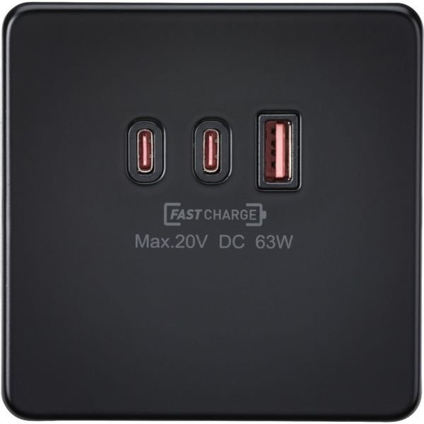 Knightsbridge SF63WMB Screwless Matt Black 3 Gang 2x USB-C 1x USB-A 63W USB Charger Plate