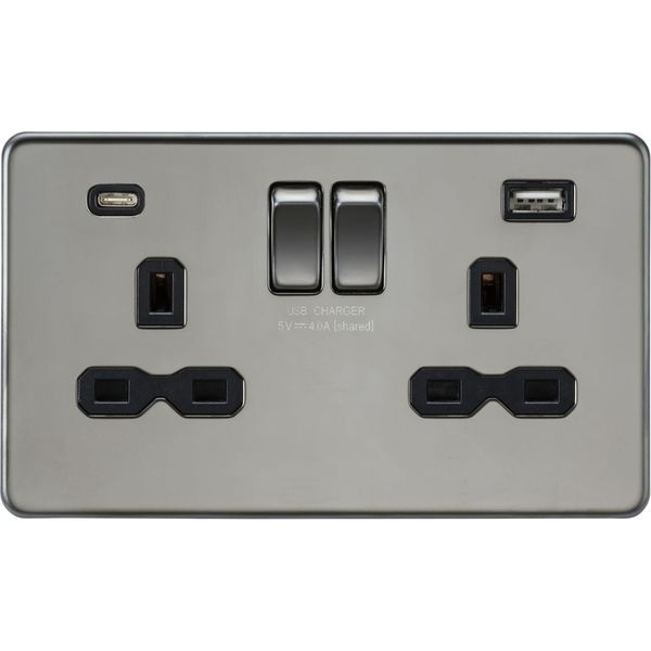 Knightsbridge SFR9940BN Screwless Black Nickel 2 Gang 13A 1x USB-A 1x USB-C 4A Switched Socket