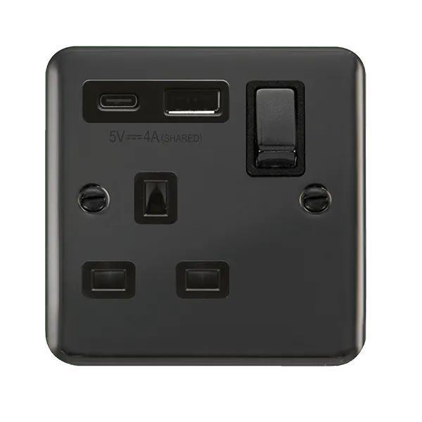 Click DPBN585BK Deco Plus Black Nickel 1 Gang 13A 1x USB-A 1x USB-C 4A Switched Socket