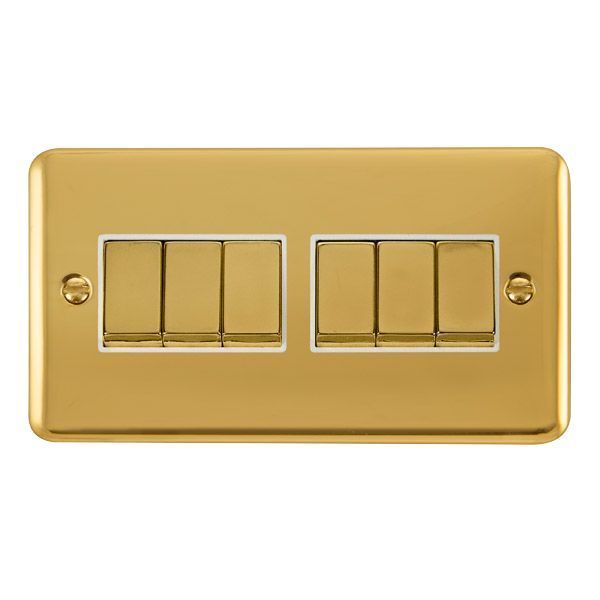 Click DPBR416WH Deco Plus Polished Brass Ingot 6 Gang 10AX 2 Way Plate Switch - White Insert