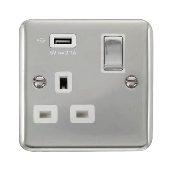 Click DPCH571UWH Deco Plus Polished Chrome Ingot 1 Gang 13A 1x USB-A 2.1A Switched Socket - White Insert