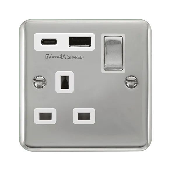 Click DPCH585WH Deco Plus Polished Chrome 1 Gang 13A 1x USB-A 1x USB-C 4A Switched Socket - White Insert