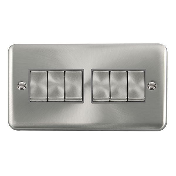 Click DPSC416GY Deco Plus Satin Chrome Ingot 6 Gang 10AX 2 Way Plate Switch - Grey Insert