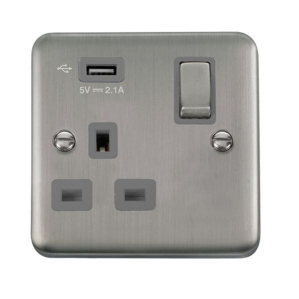 Click DPSS571UGY Deco Plus Stainless Steel Ingot 1 Gang 13A 1x USB-A 2.1A Switched Socket - Grey Insert