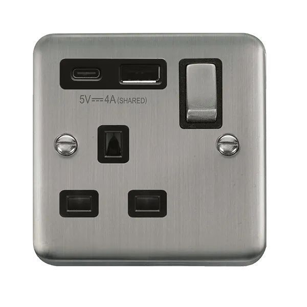 Click DPSS585BK Deco Plus Stainless Steel 1 Gang 13A 1x USB-A 1x USB-C 4A Switched Socket - Black Insert